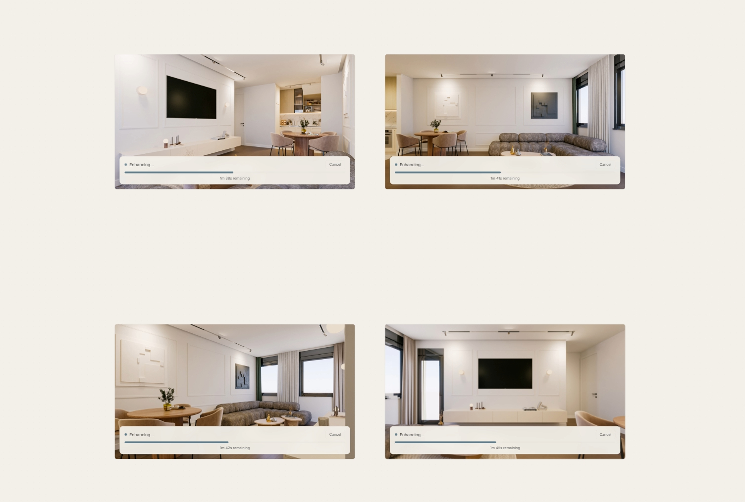 Multi-image canvas enhancing four architectural renders in parallel
